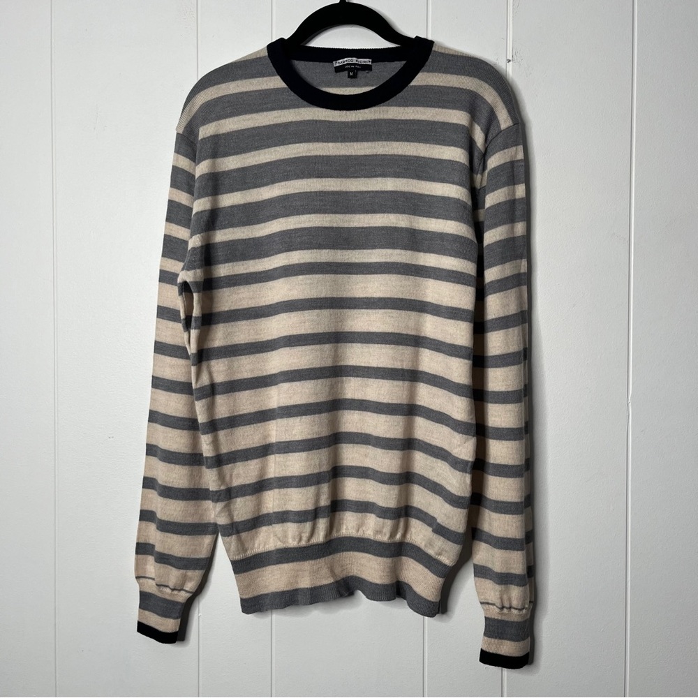 Marco Fiori Extrafine 100% Merino Wool Striped Gray and Cream Men's Sweater M